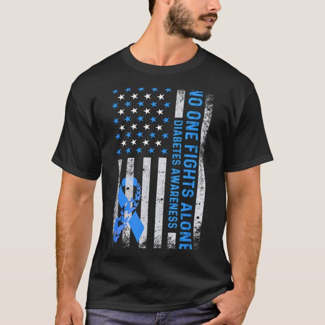 Usa American Flag No Fighting Alone Diabetes Aware T-Shirt (Front)