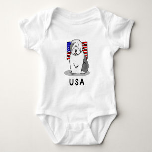 USA American Flag Old English Sheepdog (Grey 1) Baby Bodysuit