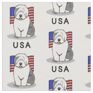 USA American Flag Old English Sheepdog (Grey 1) Fabric