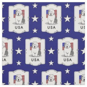 USA American Flag Old English Sheepdog (Grey 1) Fabric