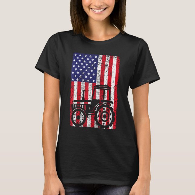 USA American Flag Patriotic Farm Tractors Farming T-Shirt (Front)