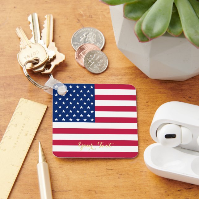 USA American Flag Patriotic Faux Gold Monogrammed Key Ring (Desk)
