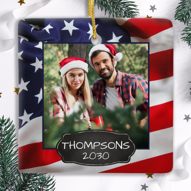USA American Flag Patriotic Personalised 2 Photo Ceramic Ornament (Creator Uploaded)