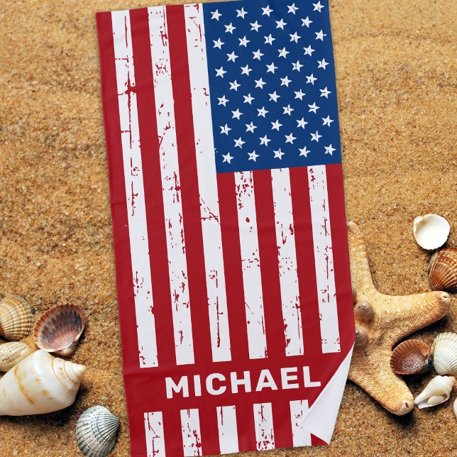 USA American Flag Red Blue Personalised Patriotic  Beach Towel (Creator Uploaded)