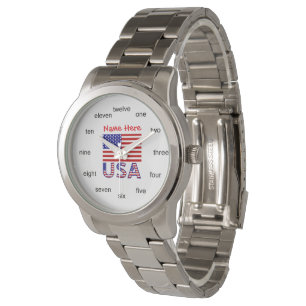 USA American Flag Red Personalised Word Numbers Watch