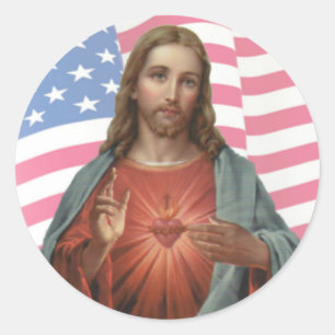 USA AMERICAN FLAG SACRED HEART OF JESUS CLASSIC ROUND STICKER