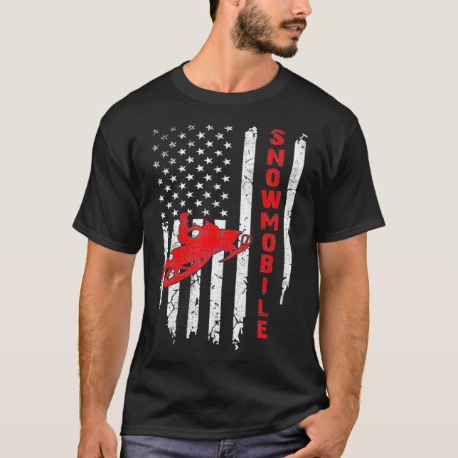 USA American Flag Snowmobiling Winter Snowmobile R T-Shirt (Front)