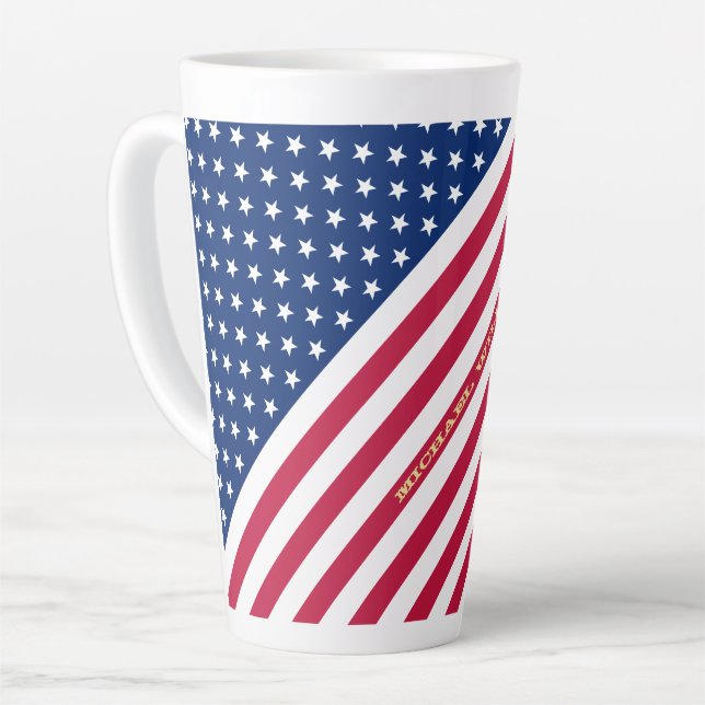 USA American Flag Stars Stripes Custom Monogrammed Latte Mug (Left Angle)