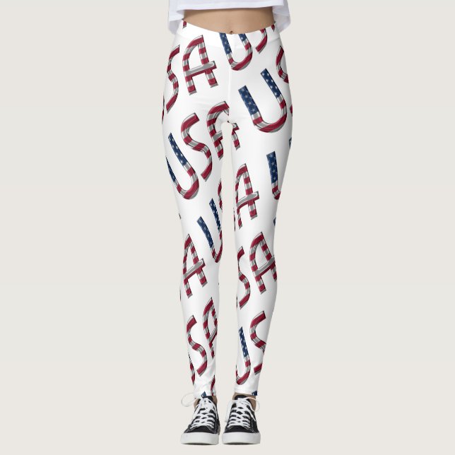 USA American Flag Typography Pattern Leggings (Front)