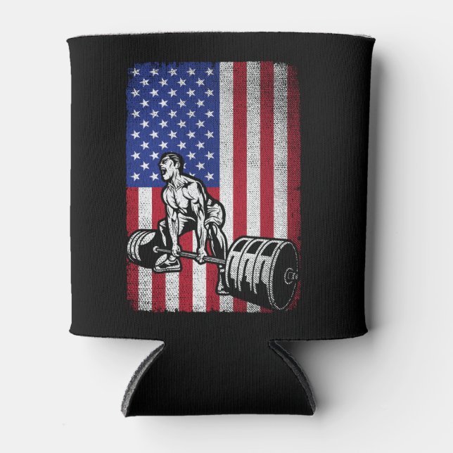 USA American Flag weightlifting Powerlifting Can Cooler (Front)