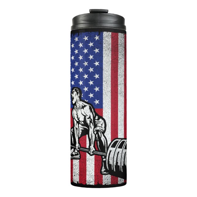 USA American Flag weightlifting Powerlifting Thermal Tumbler (Front)