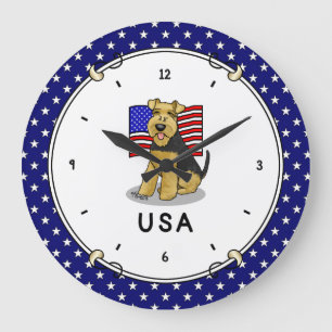 USA American Flag Welsh Terrier Dog Cute Patriotic Large Clock