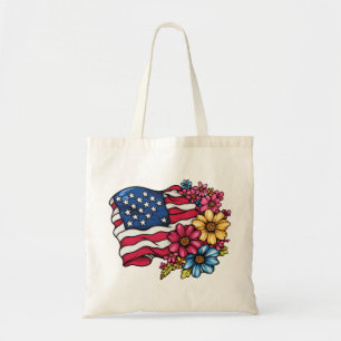USA American Flag with Flowers Patriotic Tote Bag