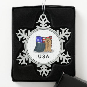USA American Flag Yorkshire Terrier (Yorkie) Dog Snowflake Pewter Christmas Ornament
