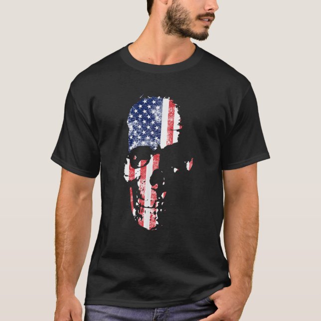 USA American Skull Flag Military Patriotic Veteran T-Shirt (Front)