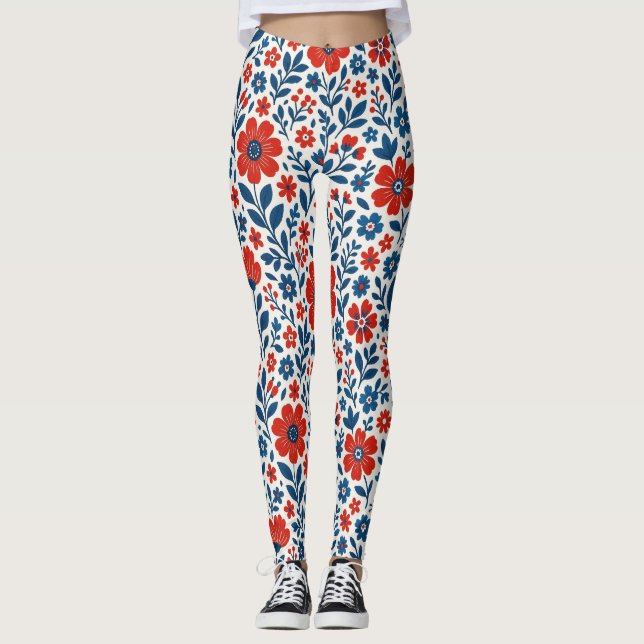 USA/American themed floral pattern Leggings (Front)