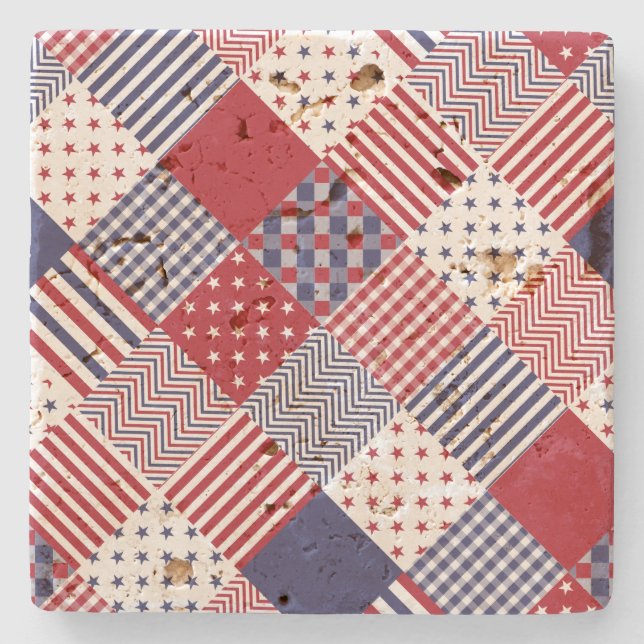 USA Americana Diagonal Red White & Blue Quilt Stone Coaster (Front)