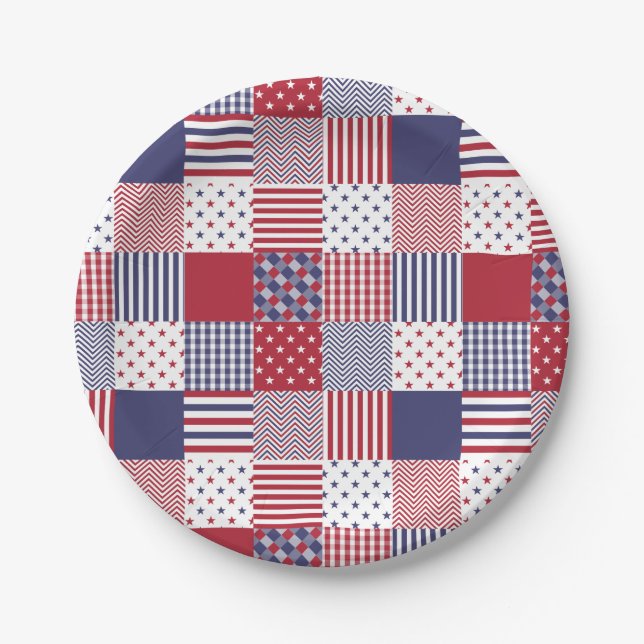 USA Americana Patchwork Red White & Blue Paper Plate (Front)