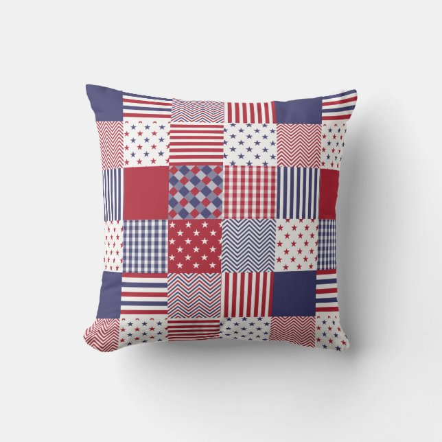 USA Americana Patchwork Red White & Blue Quilt Cushion (Front)