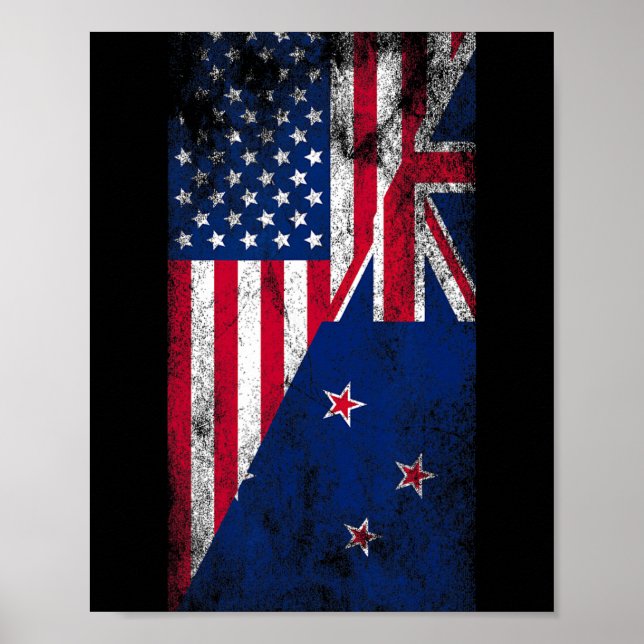 Usa &amp; New Zealand Flags - Us Of America Kiwi,  Poster (Front)