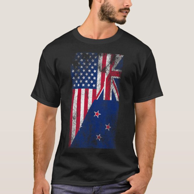 Usa &amp; New Zealand Flags - Us Of America Kiwi,  T-Shirt (Front)