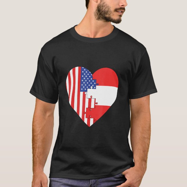 USA and Austria Flags Heart T-Shirt (Front)