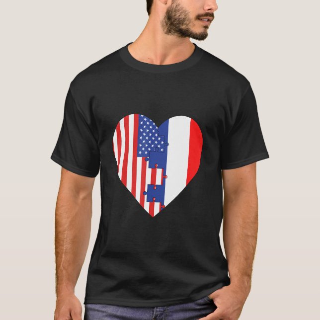 USA and France Flags Heart T-Shirt (Front)