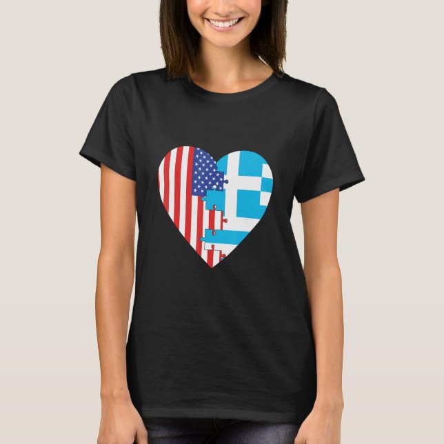 USA and Greece Flags Heart T-Shirt (Front)