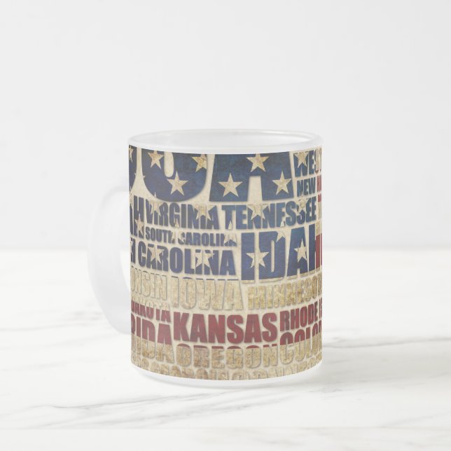USA and their federal states in stars and stripes Frosted Glass Coffee Mug (Front Left)