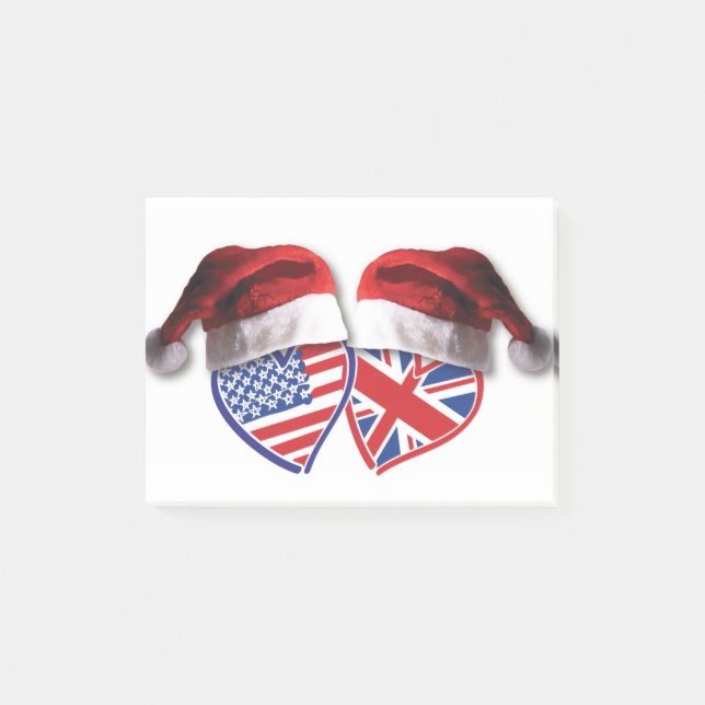 USA and UK Flag Heart Santas Post-it Notes (Front)