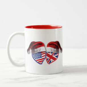 USA and UK Flag Heart Santas Two-Tone Coffee Mug