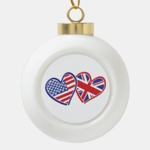 USA and UK Flag Hearts Ceramic Ball Christmas Ornament
