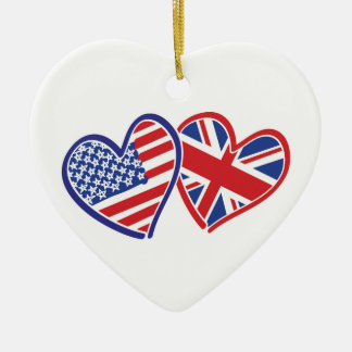 USA and UK Flag Hearts Ceramic Tree Decoration