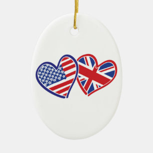 USA and UK Flag Hearts Ceramic Tree Decoration