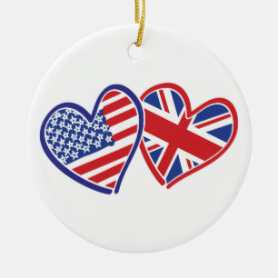 USA and UK Flag Hearts Ceramic Tree Decoration