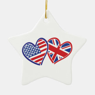 USA and UK Flag Hearts Ceramic Tree Decoration