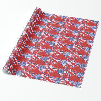 USA and UK Flag Hearts for Love Wrapping Paper