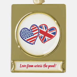 USA and UK Flag Hearts Gold Plated Banner Ornament