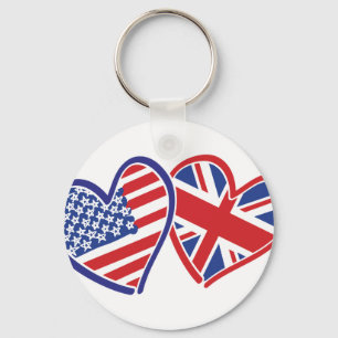 USA and UK Flag Hearts Key Ring