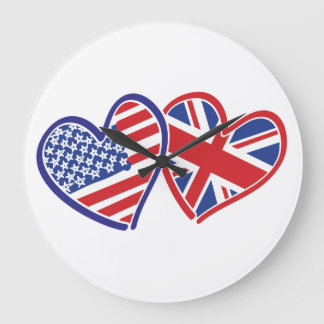 USA and UK Flag Hearts Large Clock