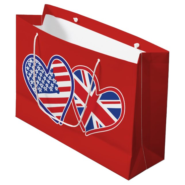 USA and UK Flag Hearts Large Gift Bag (Front Angled)