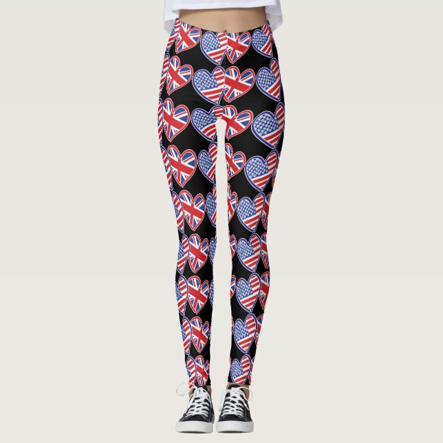 USA and UK Flag Hearts Leggings (Front)