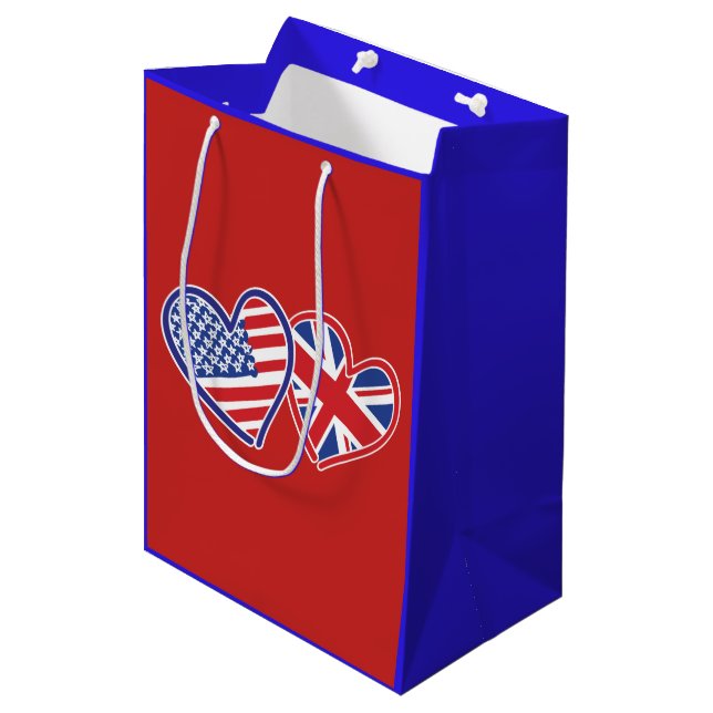 USA and UK Flag Hearts Medium Gift Bag (Front Angled)