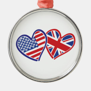 USA and UK Flag Hearts Metal Tree Decoration