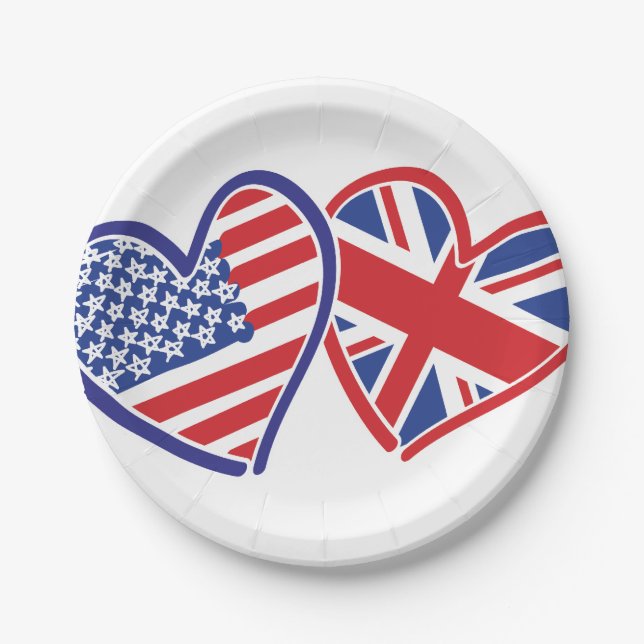 USA and UK Flag Hearts Paper Plate (Front)
