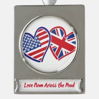 USA and UK Flag Hearts Silver Plated Banner Ornament