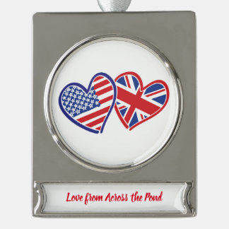 USA and UK Flag Hearts Silver Plated Banner Ornament