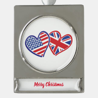 USA and UK Flag Hearts Silver Plated Banner Ornament