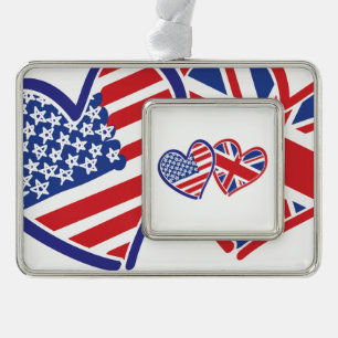 USA and UK Flag Hearts Silver Plated Framed Ornament
