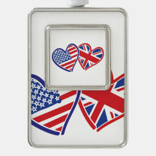 USA and UK Flag Hearts Silver Plated Framed Ornament